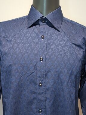 Mr Smith Navy Blue Damask Patterned Dress Shirt Slim Fit Large Long Sleeves